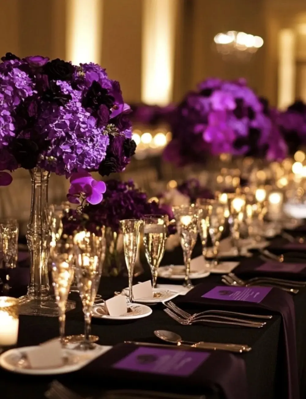 Dark purple and black floral arrangements along an elegant reception table
