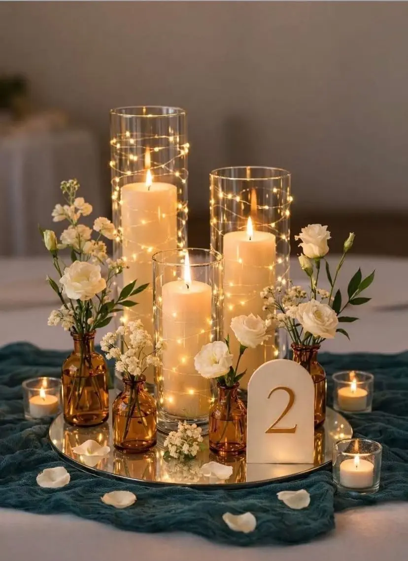 Glass candle cylinders wrapped in fairy lights with amber bottle vases of ivory flowers on a teal runner