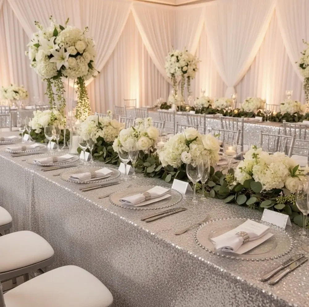Long reception table with white floral garland and silver sequin linens