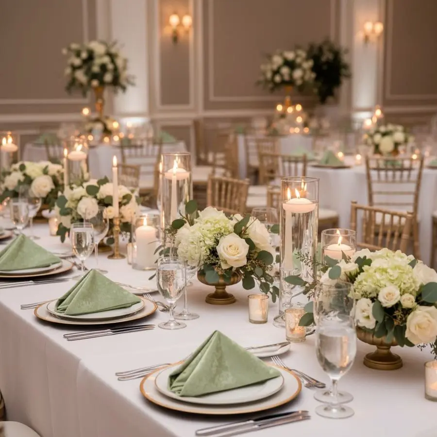 Long white table with sage green napkins and low ivory rose and hydrangea centerpieces