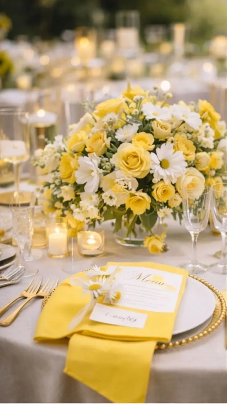Low centerpiece of yellow roses and white daisies beside a yellow napkin place setting
