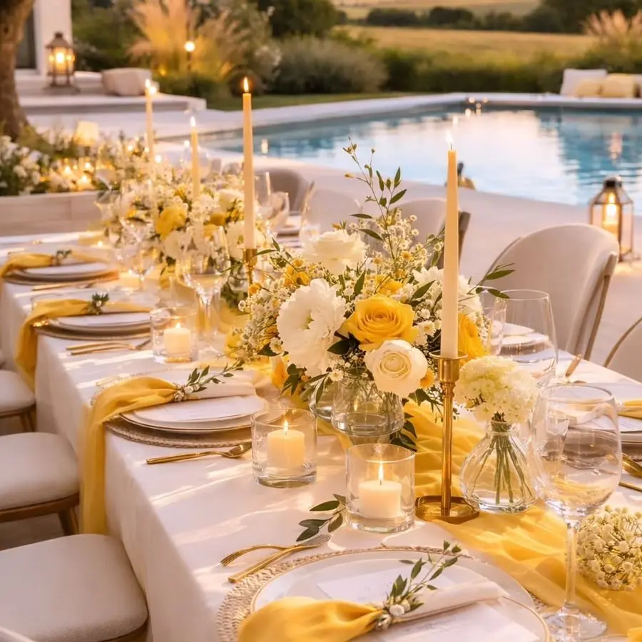 Poolside dinner table with yellow and white floral centerpieces, taper candles and yellow linens