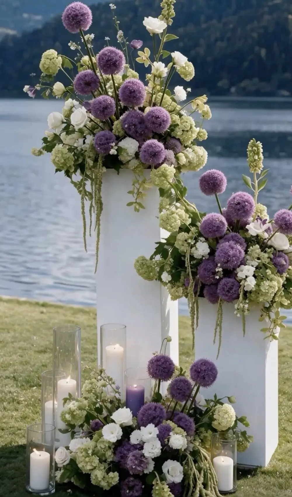 Purple allium and white floral pedestal arrangements at a waterside ceremony