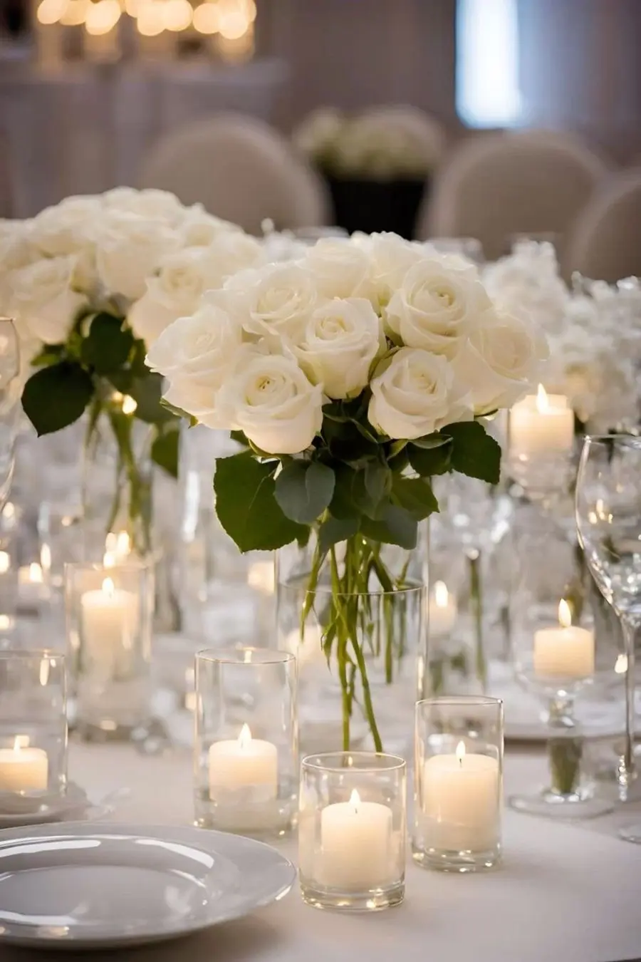 White roses in a clear vase surrounded by votive candles