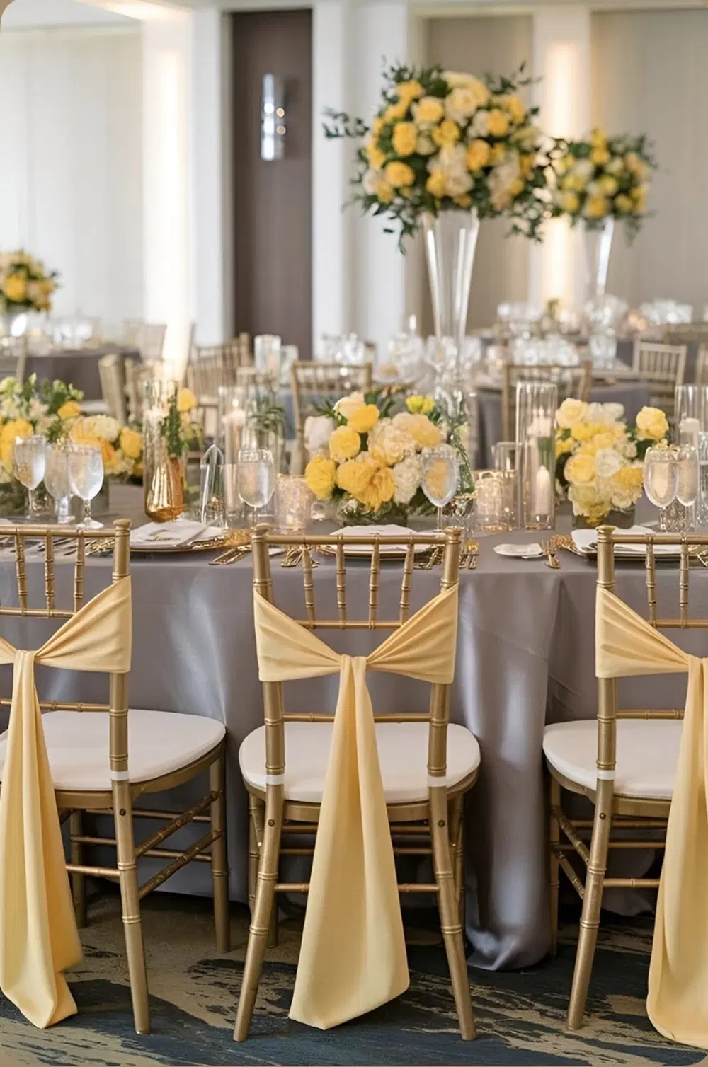 Yellow and white floral centerpiece with gold chiavari chairs at an event reception